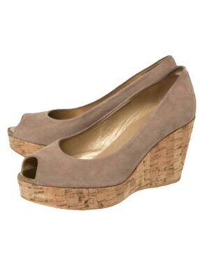 Stuart Weitzman Anna Wedge Peep‎ Toe Designer Shoes Women Sz 8 Tan Suede Luxury
